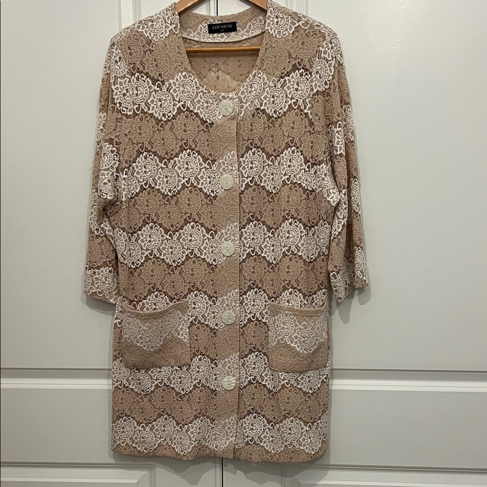 Sam Young Elegant Beige Lace Women's Tunic Top Dress